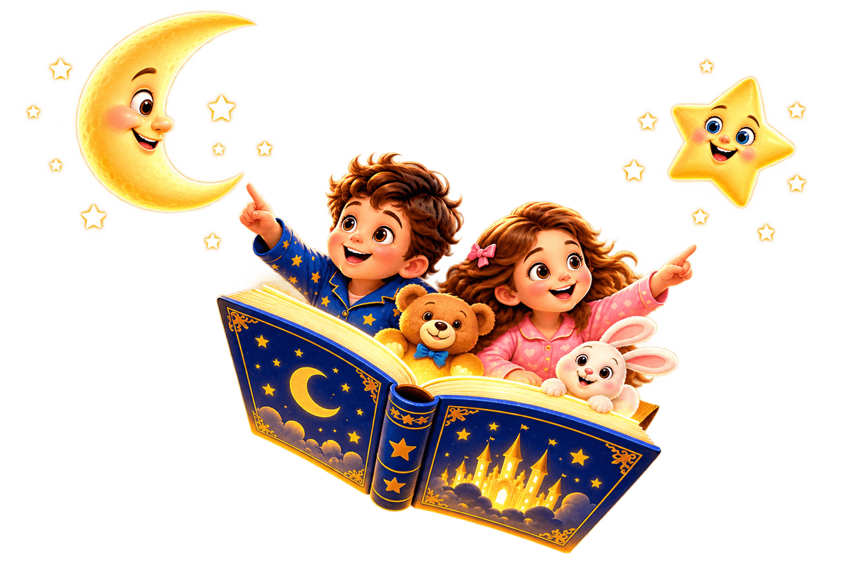 Two children flying on an open storybook past a crescent moon and a smiling star